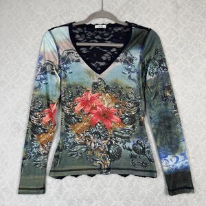 Vtg Cache Sheer Lace Back Top Women Small Floral Sequin Y2K 90s Fairygrunge Boho